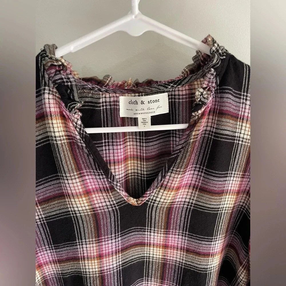Cloth & Stone by Anthropologie Charlie Plaid Ruffle Neck Flannel Top - Small